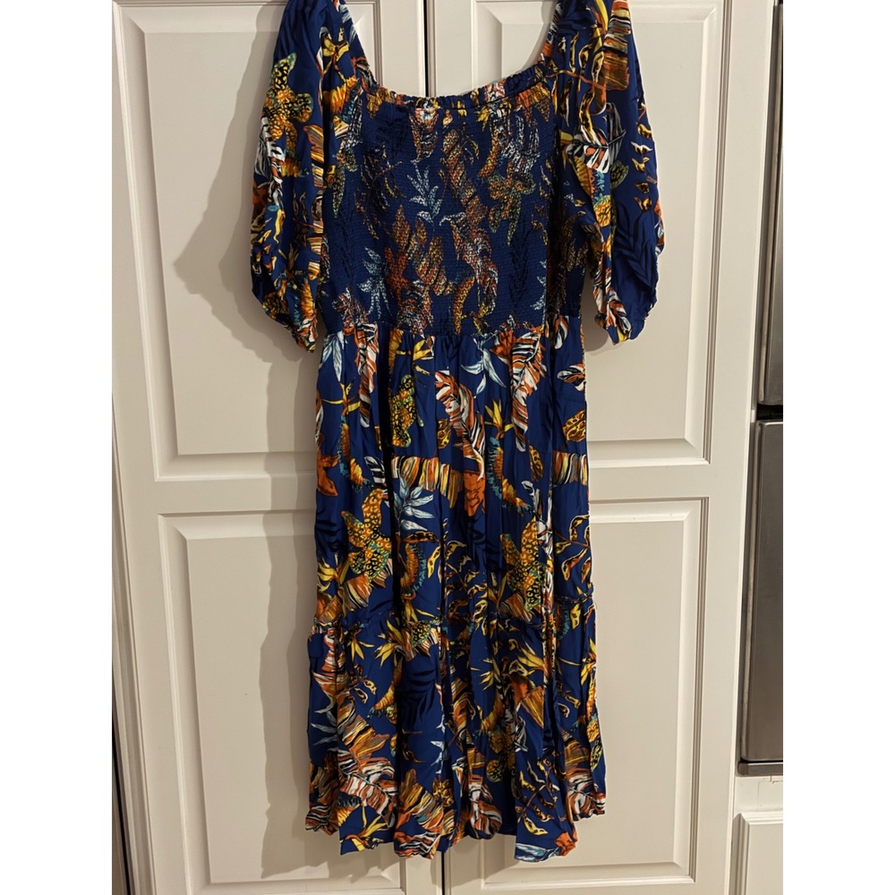 Ashley Stewart Blue Tropical Floral Smocked Bodice Midi Dress Plus Size 22/24